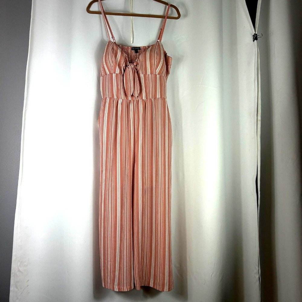 As U Wish Spaghetti Straps, Built in Bra Peach Pink Crepe Stripe Jumpsuit Sz XL